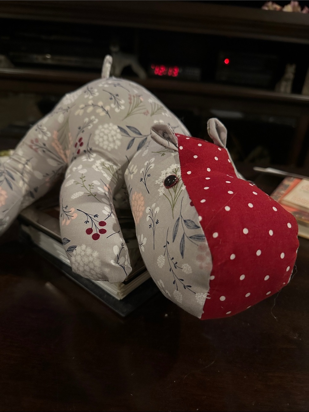 Handmade Floral Gray and Red Plush Hippo Stuffed Animal